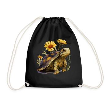 Cute Sunflower Red Eared Slider Turtle Watercolor - Drawstring Bag - black - Front
