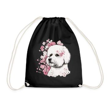 Bichon Frise Cherry Blossom Dog Breed Japanese Sak - Drawstring Bag - black - Front
