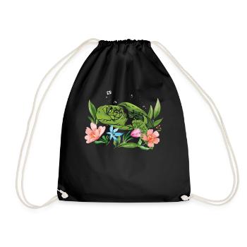 Sea Turtle Tortoise Flower Floral - Drawstring Bag - black - Front