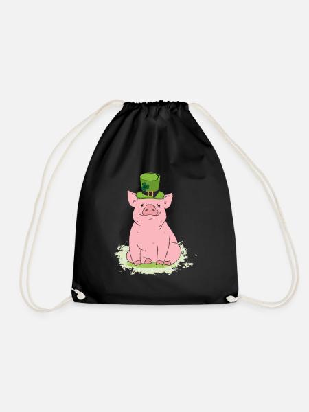 Lucky pig with top hat and shamrock - Drawstring Bag - black