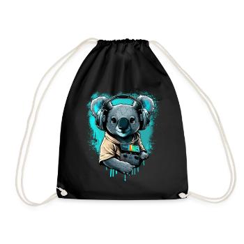 koala mit Kopfhörern und Walkman - Turnbeutel - Schwarz - Vorne