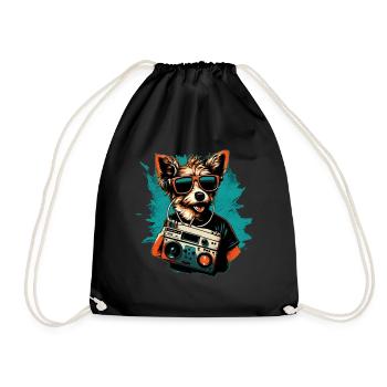 Dog with boombox and sunglasses - Drawstring Bag - black - Front