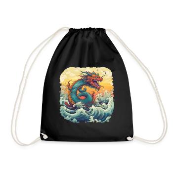Asiatisch Drache Anime Japanisch Meer Wellen - Turnbeutel - Schwarz - Vorne