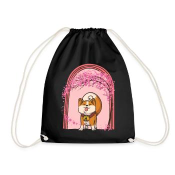 Cherry Blossom Shirt, Shiba Inu Dog Sakura Kawaii - Drawstring Bag - black - Front
