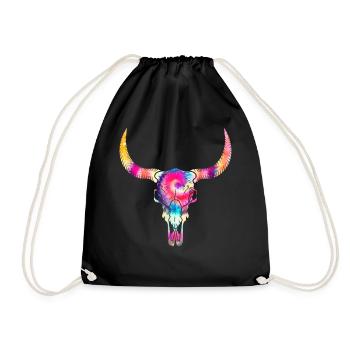 Cow Shirt, Cow Skull Tie Dye Watercolor Tee, Cow - Drawstring Bag - black - Front