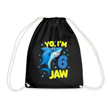 6th Birthday Shark Funny Shark Kids - Drawstring Bag - black - Front