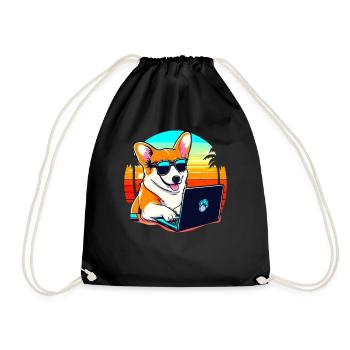 Cool Corgi Dog with Laptop and Sunset - Drawstring Bag - black - Front