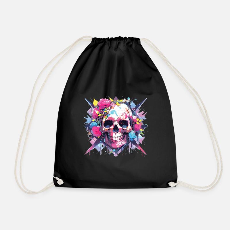 Skull Skull Skull Skeleton Bone - Drawstring Bag - black
