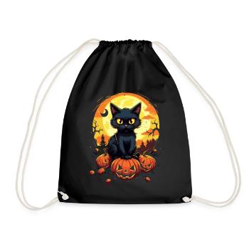 Magic Night: Cute Cat on Pumpkin Moonshine - Drawstring Bag - black - Front