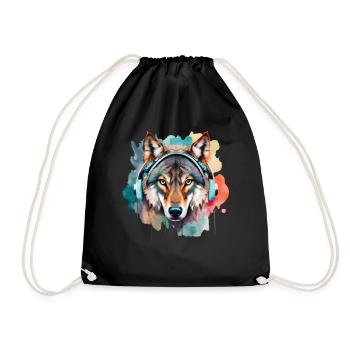 Wolf Headphones Portrait Artwork | Animal motif wolf - Drawstring Bag - black - Front