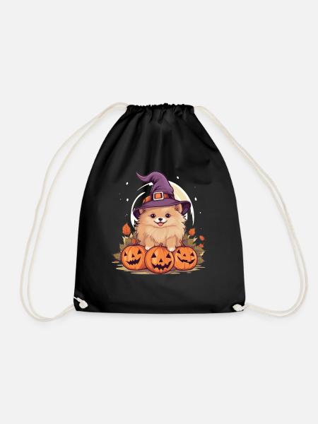 Halloween Hexenhut Kürbis Hund Zwergspitz - Turnbeutel - Schwarz