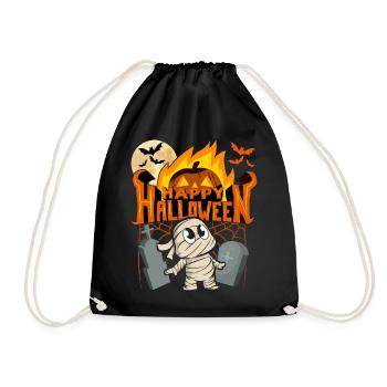 Happy Halloween Comic Mumie mit Kürbis, Spruch - Turnbeutel - Schwarz - Vorne