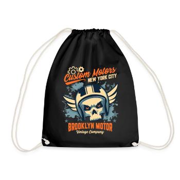 Motorrad Skull, Biker Totenkopf, Brooklyn Motor - Turnbeutel - Schwarz - Vorne