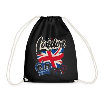 London England, Great Britain Flag and Crown - Drawstring Bag - black - Front