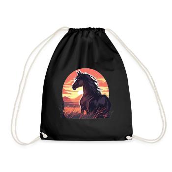 Horses, Black Horse, Horse, Sunset - Drawstring Bag - black - Front
