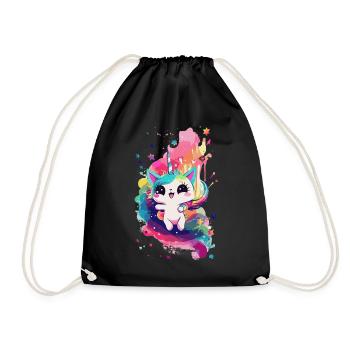 Caticorn Unicorn Cat Kawaii Anime Rainbow Pastel - Turnbeutel - Schwarz - Vorne