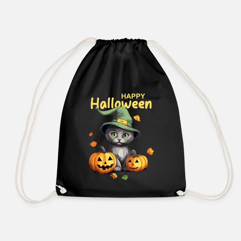 Kleine Katze mit grünem Hexenhut feiert Halloween - Turnbeutel - Schwarz