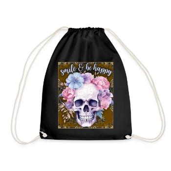 Skull with flowers, motivational saying - Drawstring Bag - black - Front