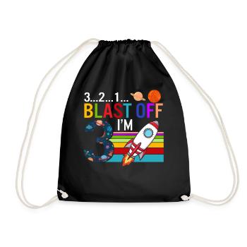 Outer Space Shirt, 3 2 1 Blast Off I'm 3 Tee, - Drawstring Bag - black - Front