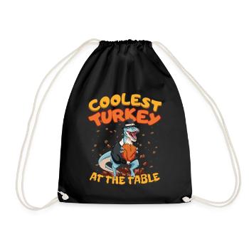 Thanksgiving T-Rex Coolest Turkey at the Table - Drawstring Bag - black - Front