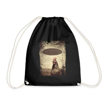 Lustiger Hahn und Huhn mit UFO Retro Vintage Alien - Turnbeutel - Schwarz - Vorne