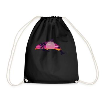 Dolphin Palm Tree Sunset - Drawstring Bag - black - Front