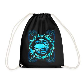 Mandala with Fish, Aesthetic Style, Fish Design - Drawstring Bag - black - Front
