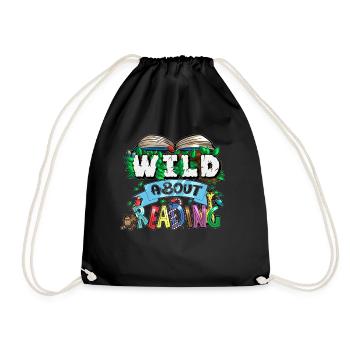 Wild About Reading Book Wilderness Animals Elementary School - Drawstring Bag - black - Front