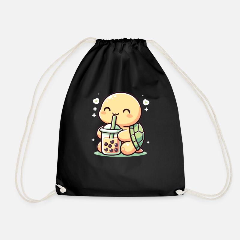 Kawaii Turtles Bubble Tea Boba Turtle - Drawstring Bag - black
