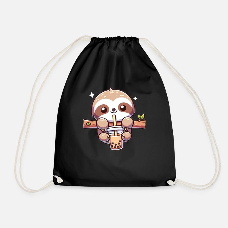 Kawaii Sloths Bubble Tea Boba Sloth - Drawstring Bag - black