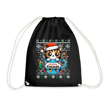 Meowy Catmas - Cat Pajamas PJ Ugly Funny Xmas - Drawstring Bag - black - Front