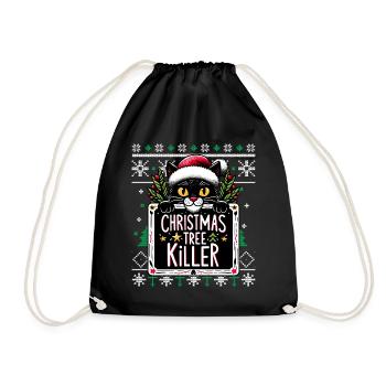 Meowy Tree Killer Cat Pajamas PJ Ugly Funny Xmas - Drawstring Bag - black - Front