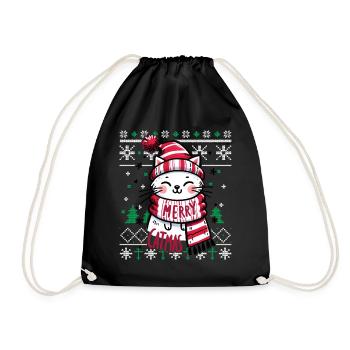 Meowy Catmas - Cat Pajamas PJ Ugly Funny Xmas - Drawstring Bag - black - Front
