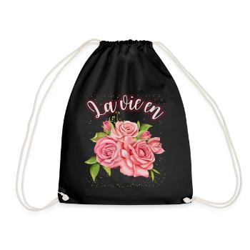 Rose Illustration, Roses Watercolor Saying La Vie En - Drawstring Bag - black - Front