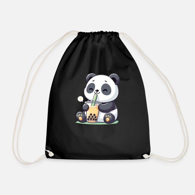 Kawaii Pandas Bubble Tea Boba Panda - Drawstring Bag - black