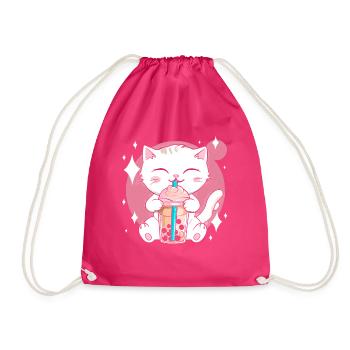 Kawaii Bubble Tea Cat Boba Milk - Drawstring Bag - fuchsia - Front