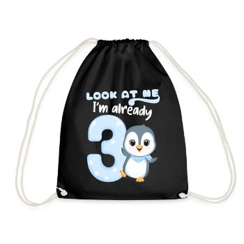3rd Kids Birthday, 3 Year Old, Kawaii Penguin - Drawstring Bag - black - Front