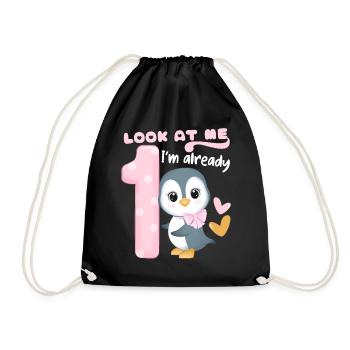 1er anniversaire d’enfant, 1 an, pingouin kawaii - Sac de sport léger - noir - Devant
