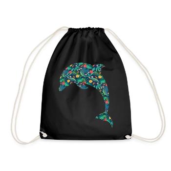 Dolphin Tropical Flower Floral - Drawstring Bag - black - Front