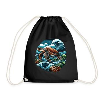 Sea Life Turtle: Ocean Waves and Corals - Drawstring Bag - black - Front