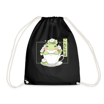 Kawaii Frog In Tea Cup Water Lily Cottagecore Aest - Turnbeutel - Schwarz - Vorne