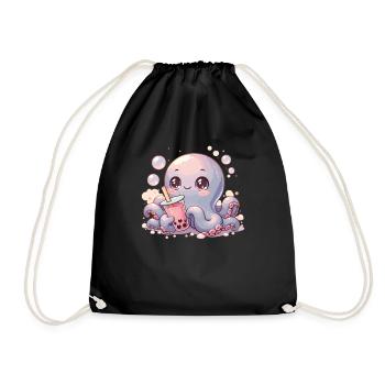 Octopus Drinking Bubble Tea kawaii Boba Octopus - Drawstring Bag - black - Front