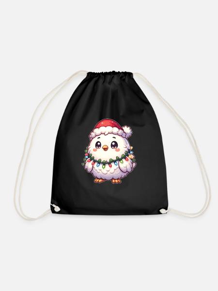 Santa Hat Christmas Fairy Lights Chicken - Drawstring Bag - black