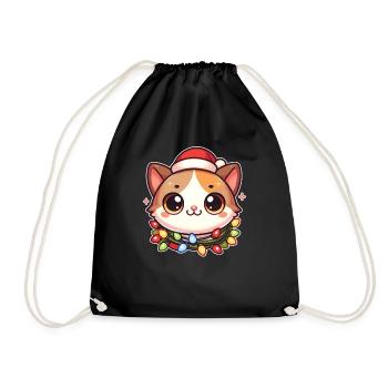 Santa Hat Christmas Fairy Lights Cat - Drawstring Bag - black - Front