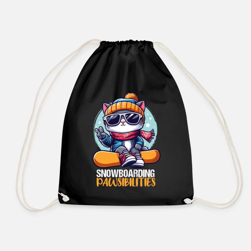 Funny Snowboard Cat with Sunglasses Apparel - Drawstring Bag - black