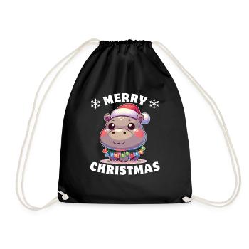 Weihnachtsmütze Weihnachten Lichterkette Hippo - Turnbeutel - Schwarz - Vorne