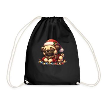 Santa Hat Christmas Fairy Lights Pug - Drawstring Bag - black - Front