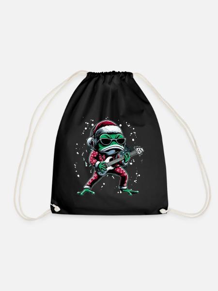 cooler Frosch mit Gitarre und Weihnachtsmütze - Turnbeutel - Schwarz
