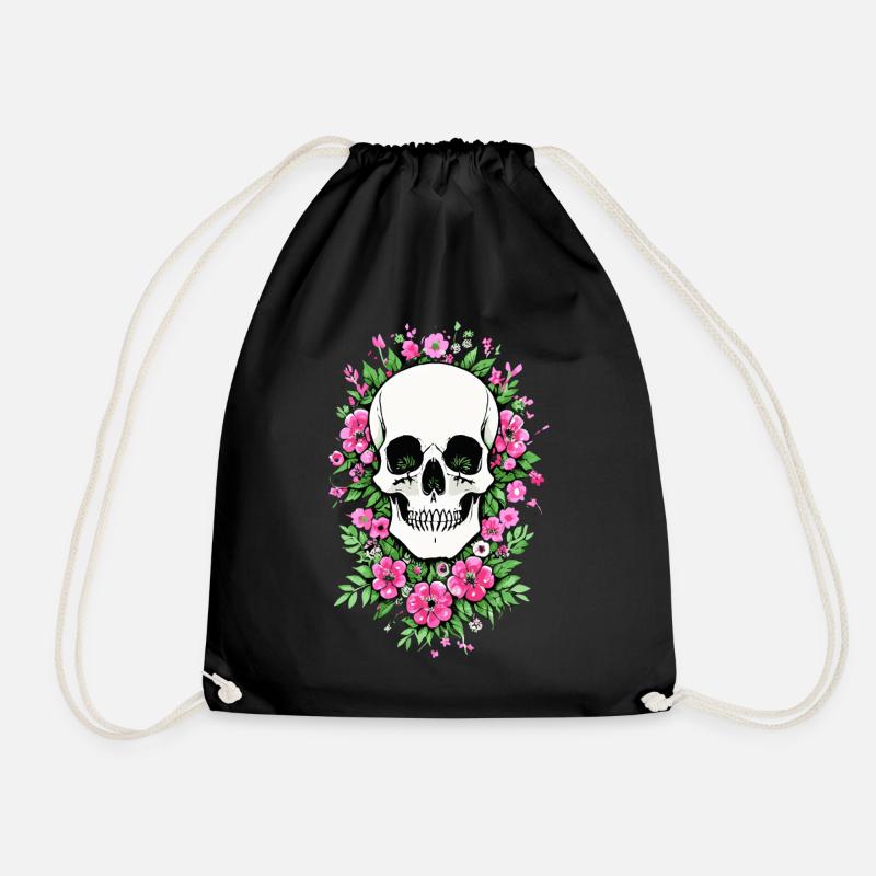 Skull Blütenschädel Totenkopf Schädel mit Blumen - Turnbeutel - Schwarz