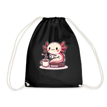 Stack of books with tea axolotl - Drawstring Bag - black - Front